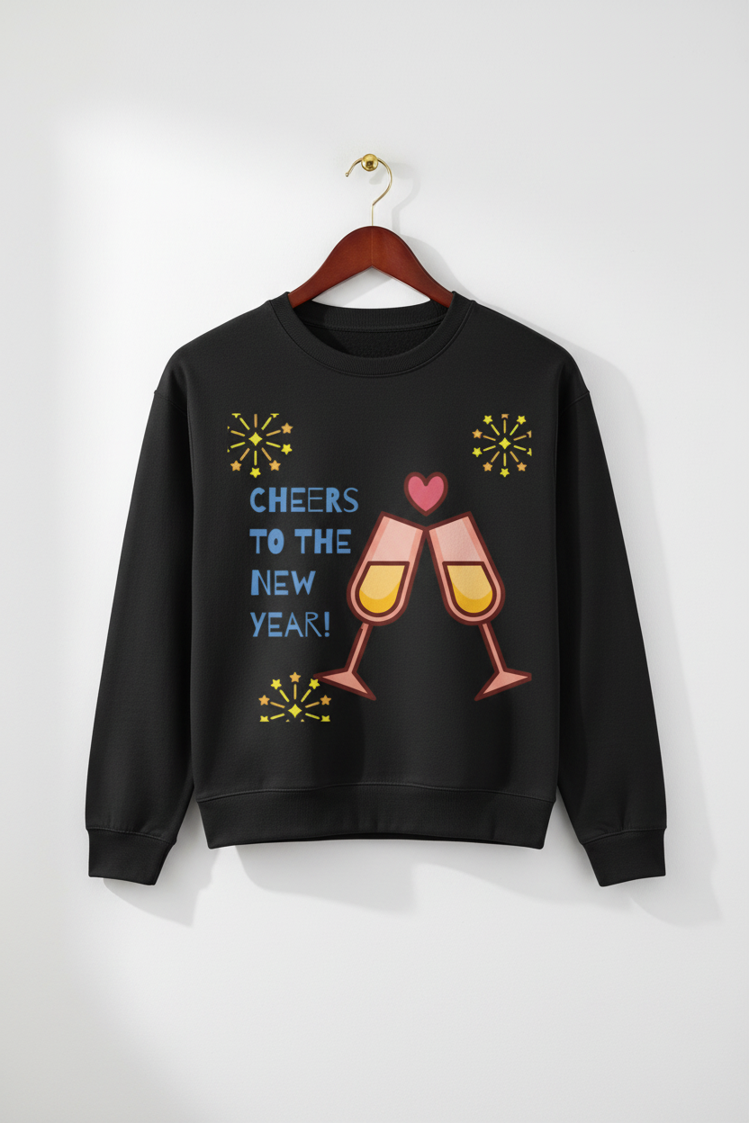 Black sweatshirt with New Year design, clinking champagne glasses, heart, fireworks, and Cheers to the New Year text