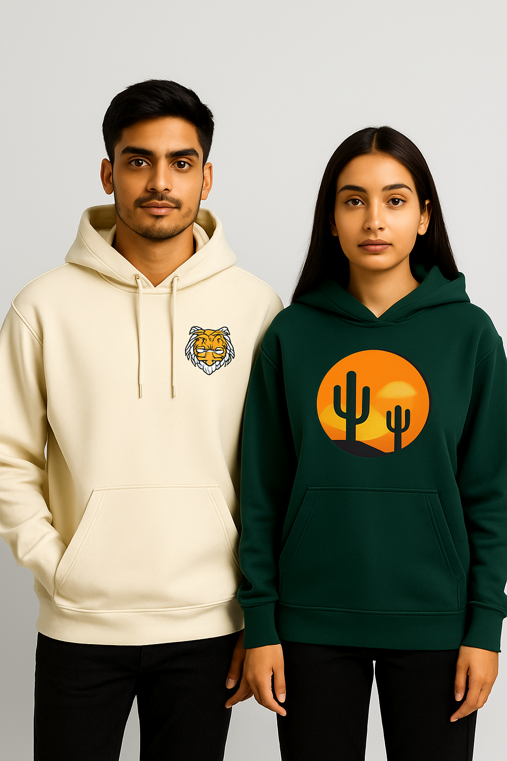 Young man in beige hoodie with tiger logo and young woman in dark green hoodie with orange cactus design