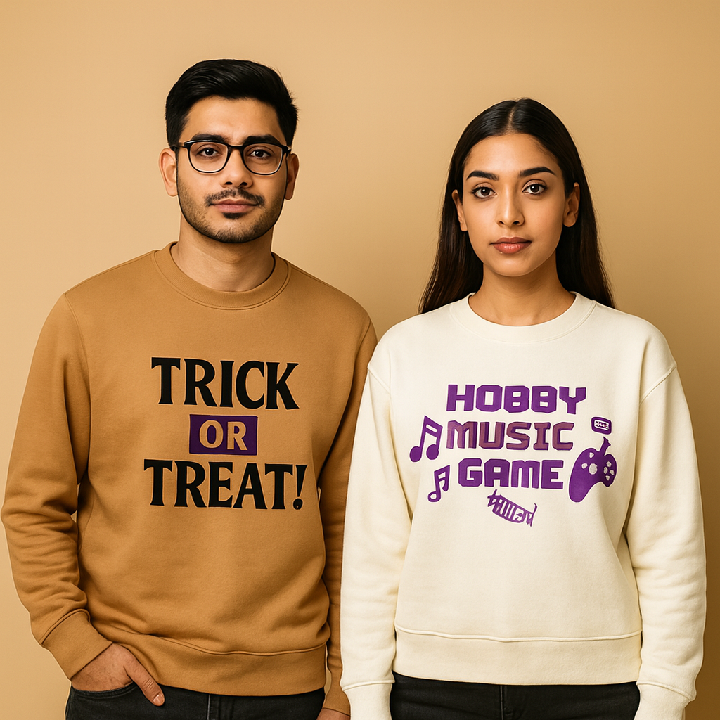 Man in brown sweatshirt with 'TRICK OR TREAT!' and woman in white sweatshirt with 'HOBBY MUSIC GAME' designs
