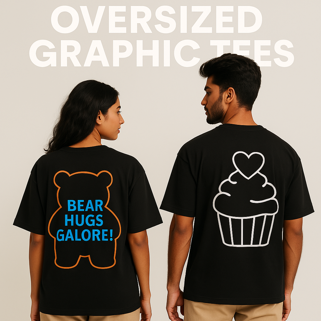 Two models wearing oversized black graphic tees with bear hug and cupcake designs on the back