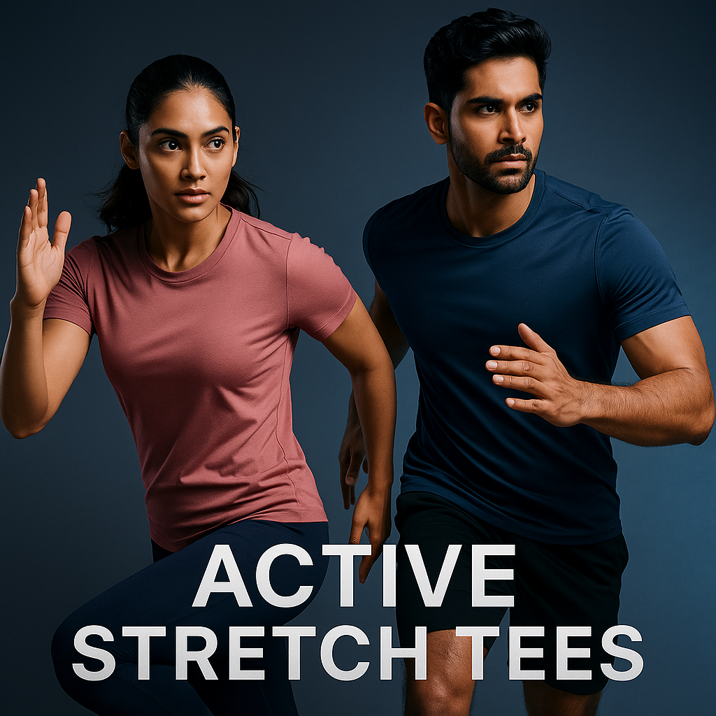Man and woman in active stretch tees and athletic wear running on dark background with active stretch tees text
