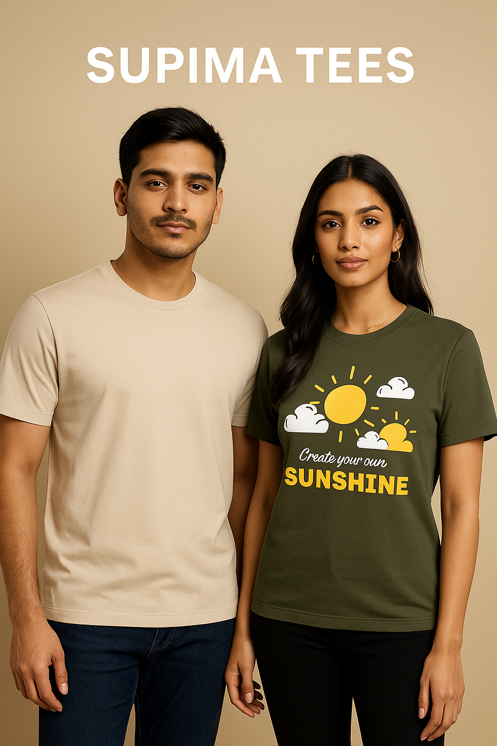 Man and woman wearing Supima cotton tees, beige plain tee and green graphic tee with sunshine print