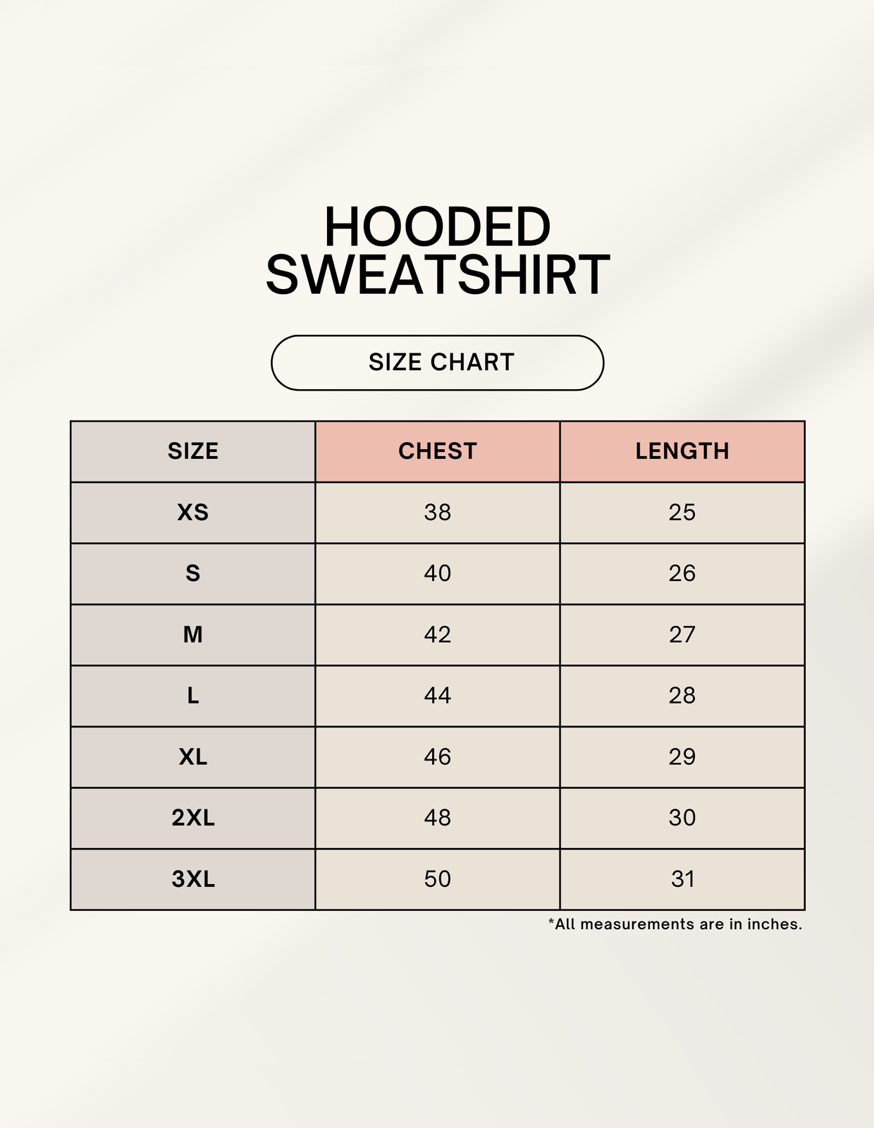 Hooded sweatshirt size chart showing chest and length measurements in inches from XS to 3XL