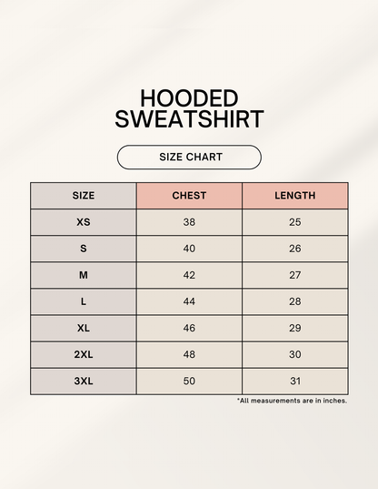Hooded sweatshirt size chart showing chest and length measurements in inches from XS to 3XL