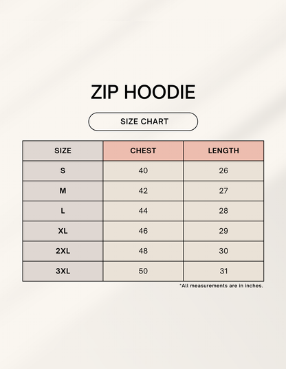 Zip hoodie size chart with chest and length measurements in inches for sizes S to 3XL