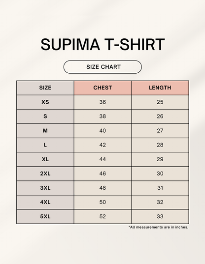 Supima T-Shirt size chart showing chest and length measurements in inches from XS to 5XL