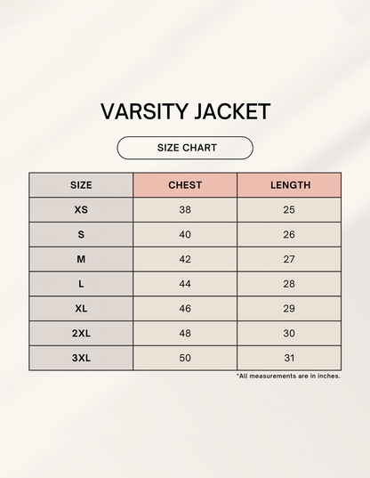 Varsity jacket size chart showing chest and length measurements in inches for sizes XS to 3XL