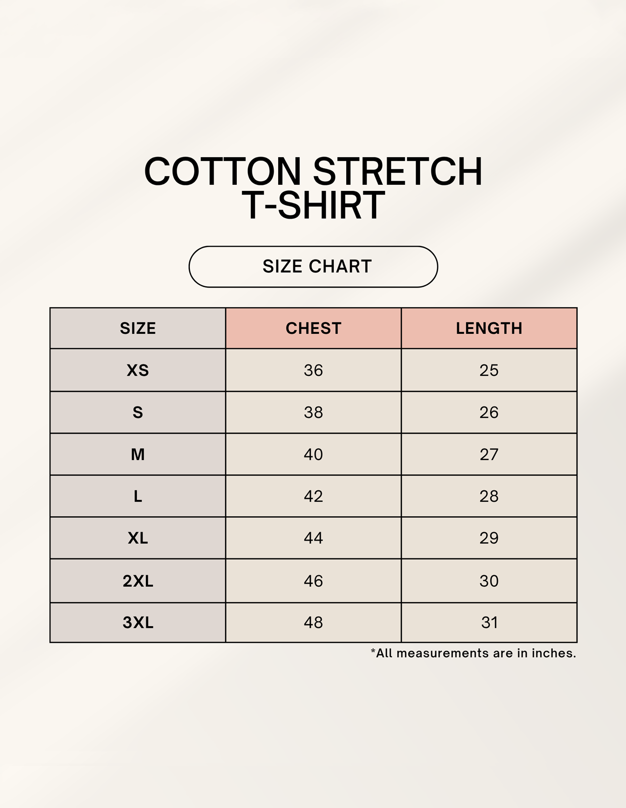 Cotton stretch T-shirt size chart showing chest and length measurements in inches from XS to 3XL