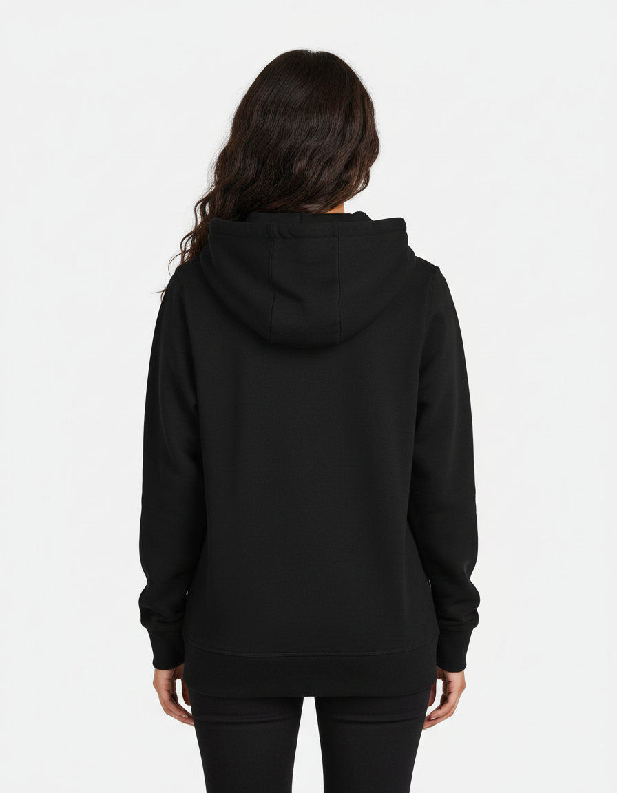 Woman wearing plain black hoodie seen from the back on white background