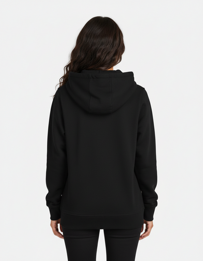 Woman wearing plain black hoodie seen from the back on white background