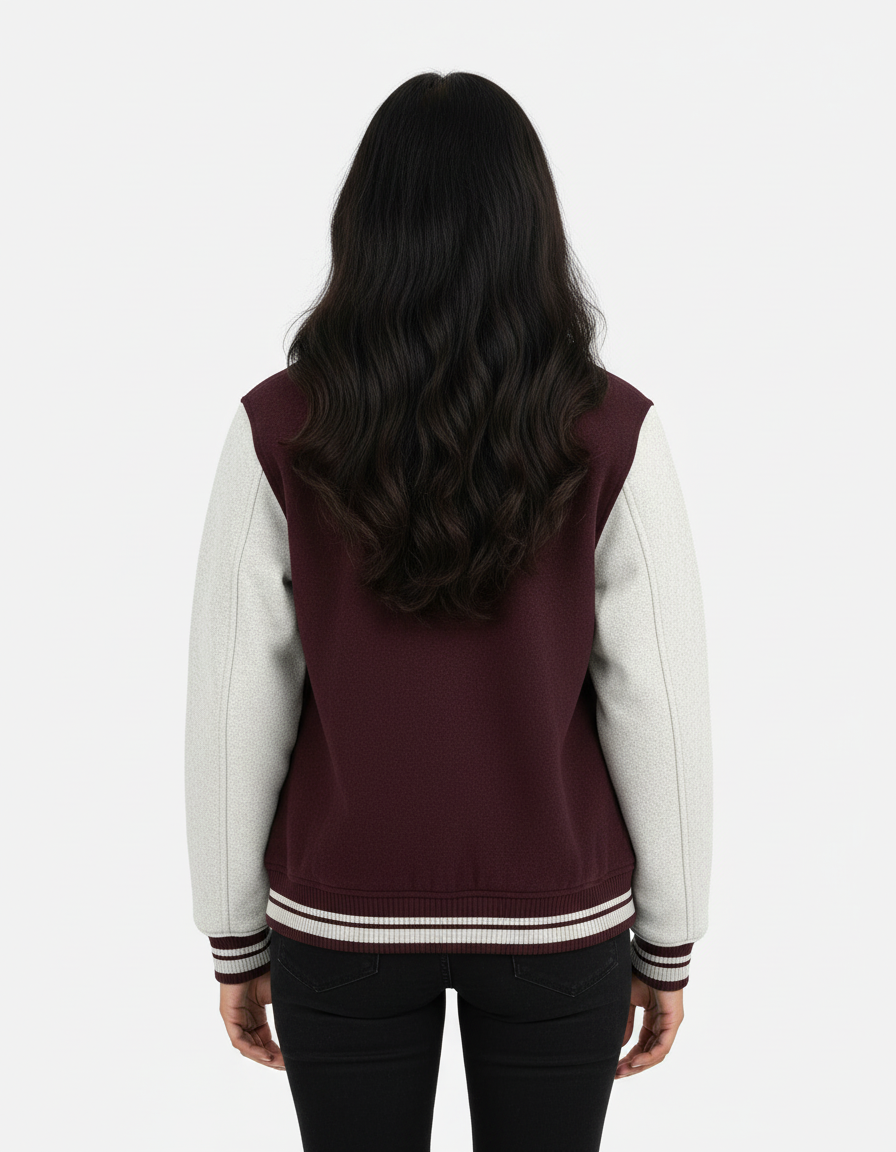 Woman with long wavy black hair wearing maroon and white varsity jacket and black jeans, back view