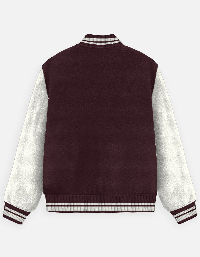 Back view of varsity jacket with maroon body and white sleeves, ribbed cuffs and waistband with striped detail