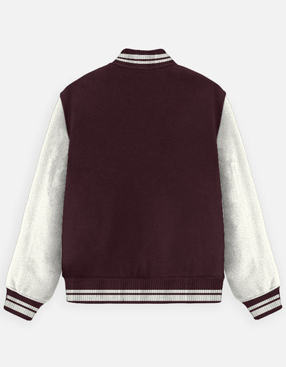 Back view of varsity jacket with maroon body and white sleeves, ribbed cuffs and waistband with striped detail