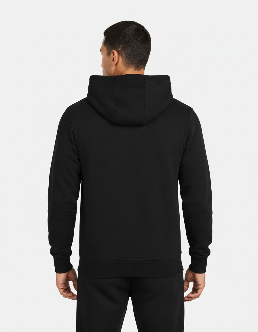 Back view of man wearing plain black hoodie and matching black pants against white background