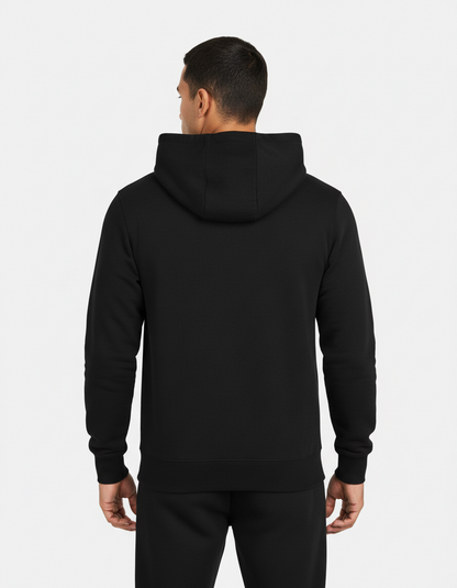 Back view of man wearing plain black hoodie and matching black pants against white background