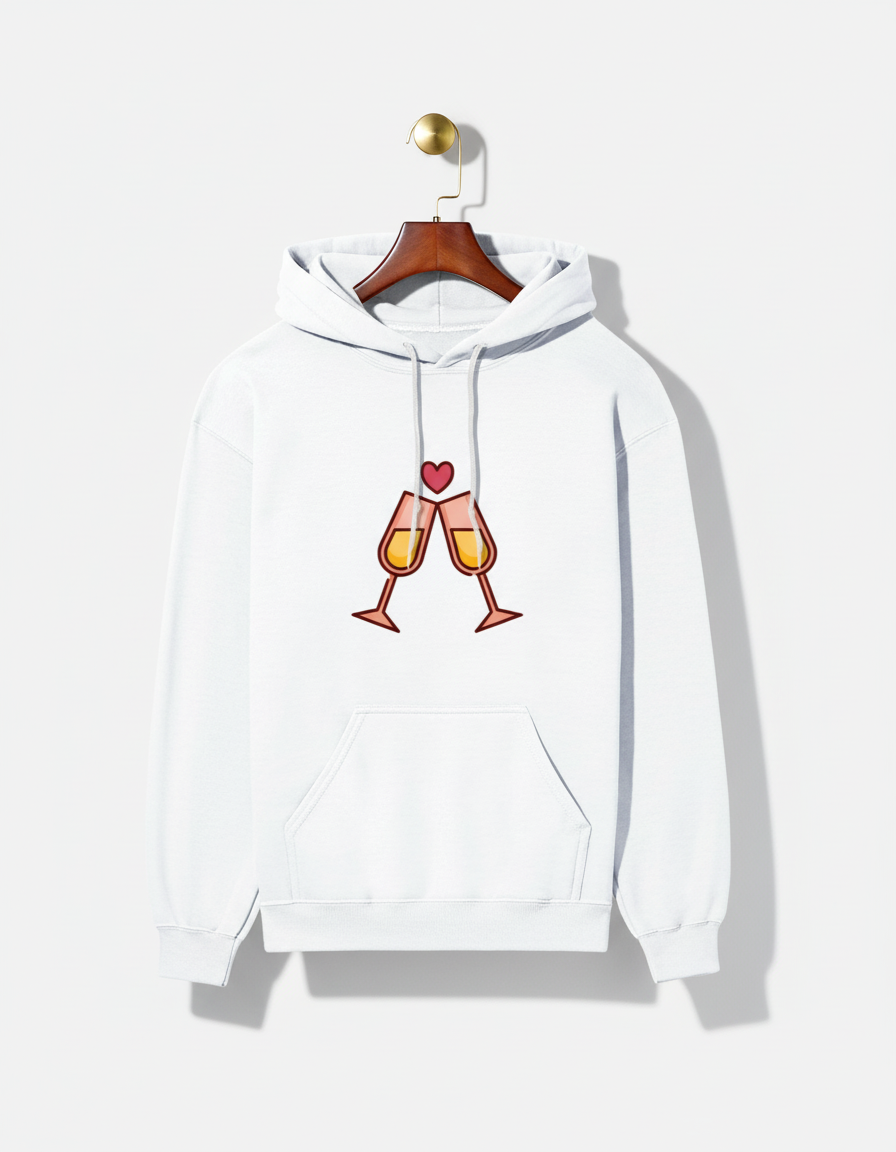 White hoodie with clinking champagne glasses and heart graphic on front, hanging on wooden hanger