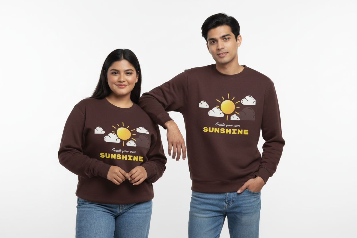 Man and woman wearing brown sweatshirts with sunshine and clouds graphic and text Create your own SUNSHINE