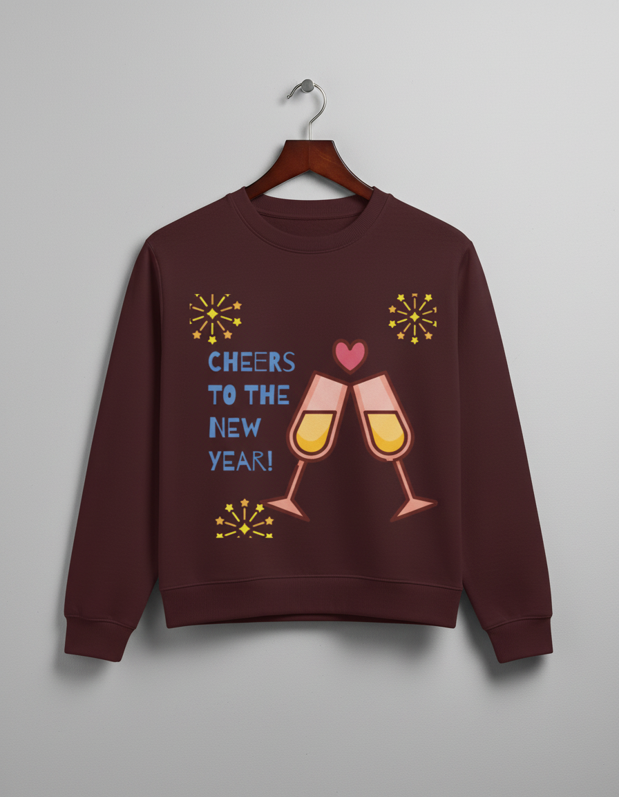 Maroon sweatshirt with New Year design showing two clinking champagne glasses, blue text, and yellow fireworks