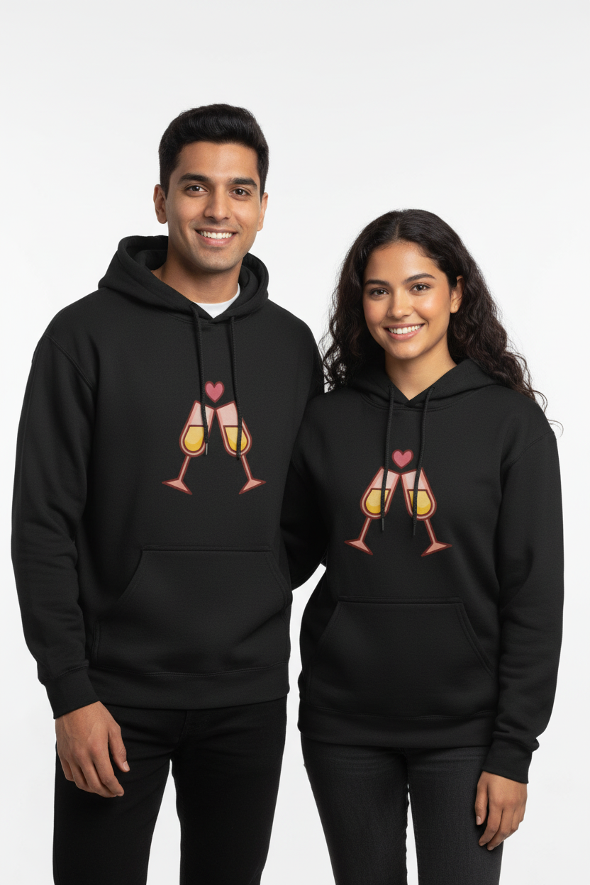 Smiling young man and woman wearing matching black hoodies with clinking champagne glasses and heart graphic