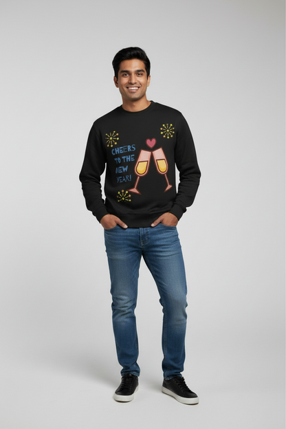 Smiling man wearing black New Year sweater with clinking champagne glasses and fireworks design