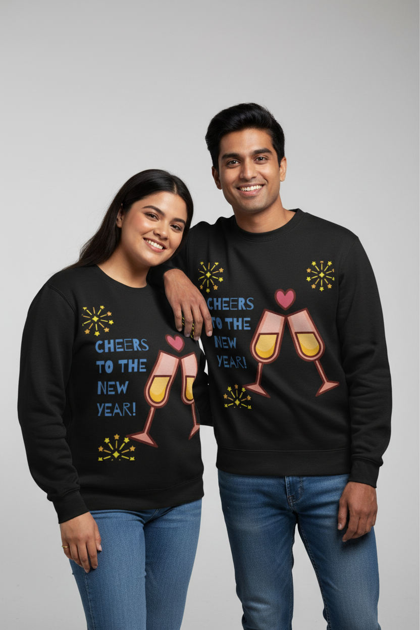 Smiling young couple wearing matching black New Year sweaters with cheers and champagne glasses design