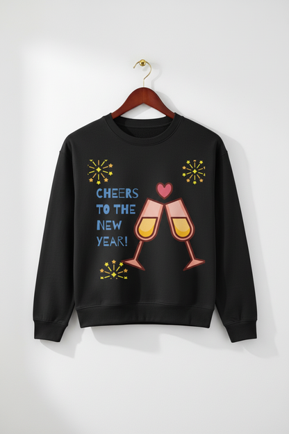 Black sweatshirt with New Year design, clinking champagne glasses, heart, fireworks, and Cheers to the New Year text