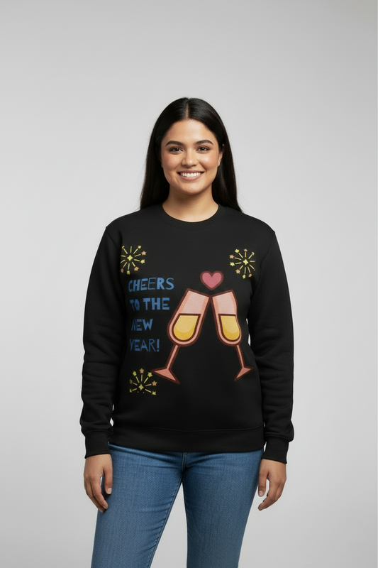 Smiling woman wearing black sweatshirt with New Year cheers graphic and blue jeans