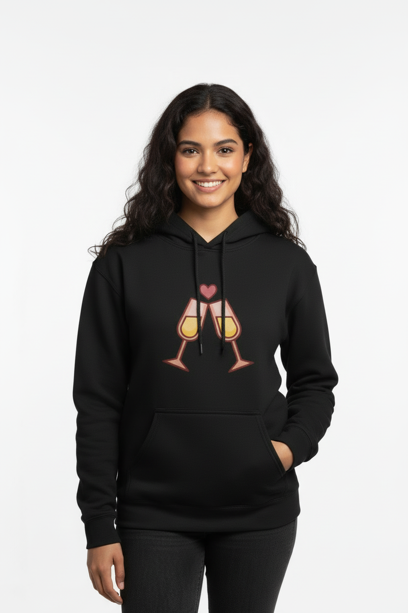 Smiling woman wearing black hoodie with clinking wine glasses and heart design