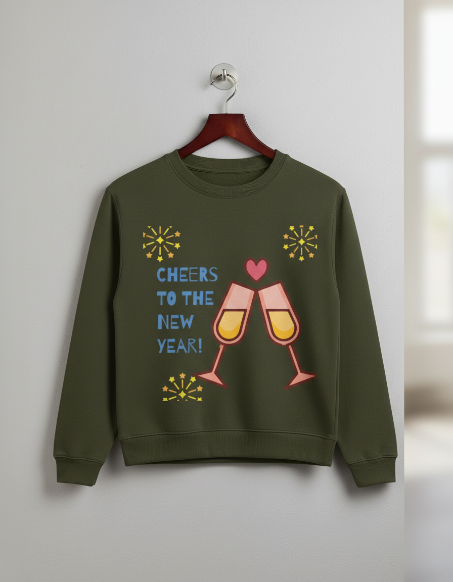 Olive green crewneck sweatshirt with New Year celebration design featuring clinking champagne glasses and fireworks