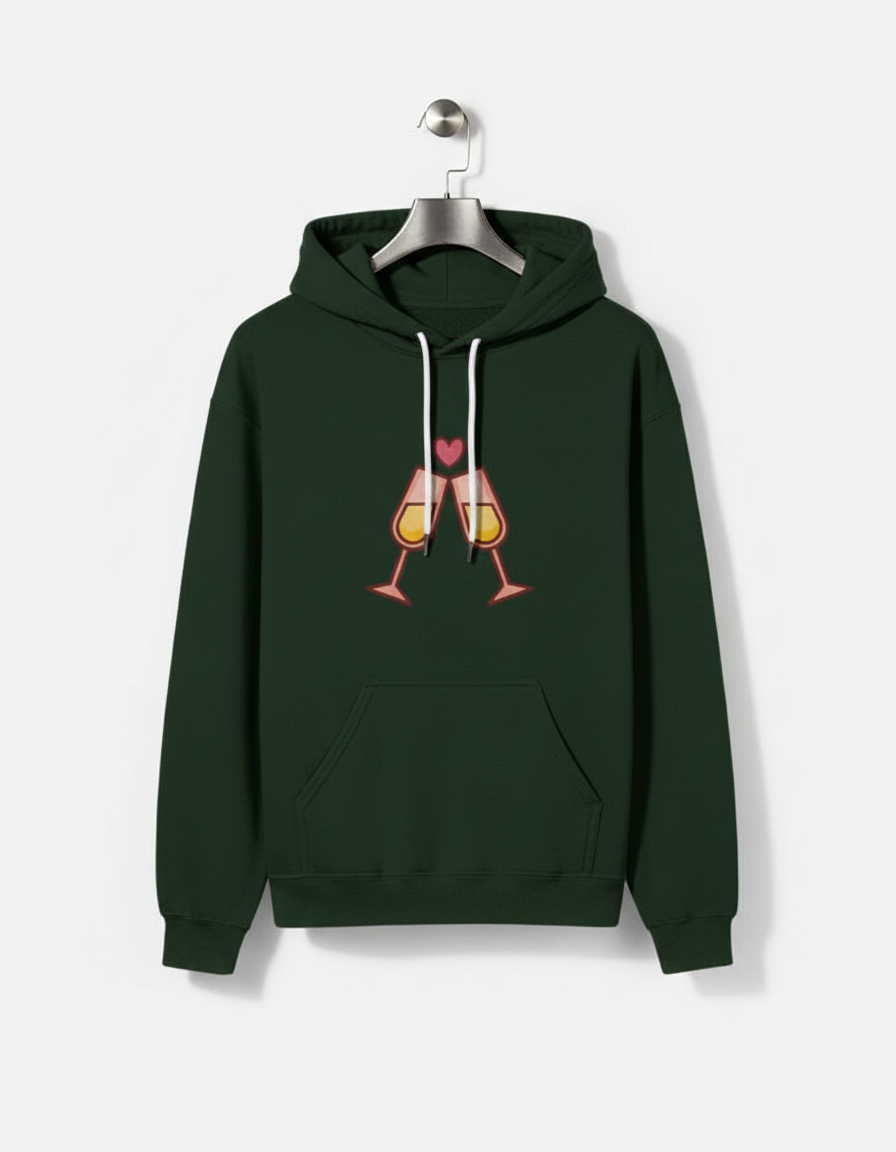 Dark green hoodie with a graphic of two clinking wine glasses and a red heart above them