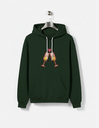 Dark green hoodie with a graphic of two clinking wine glasses and a red heart above them