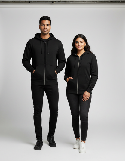 Man and woman wearing black zip-up hoodies with pockets, black pants, and casual shoes on gray background
