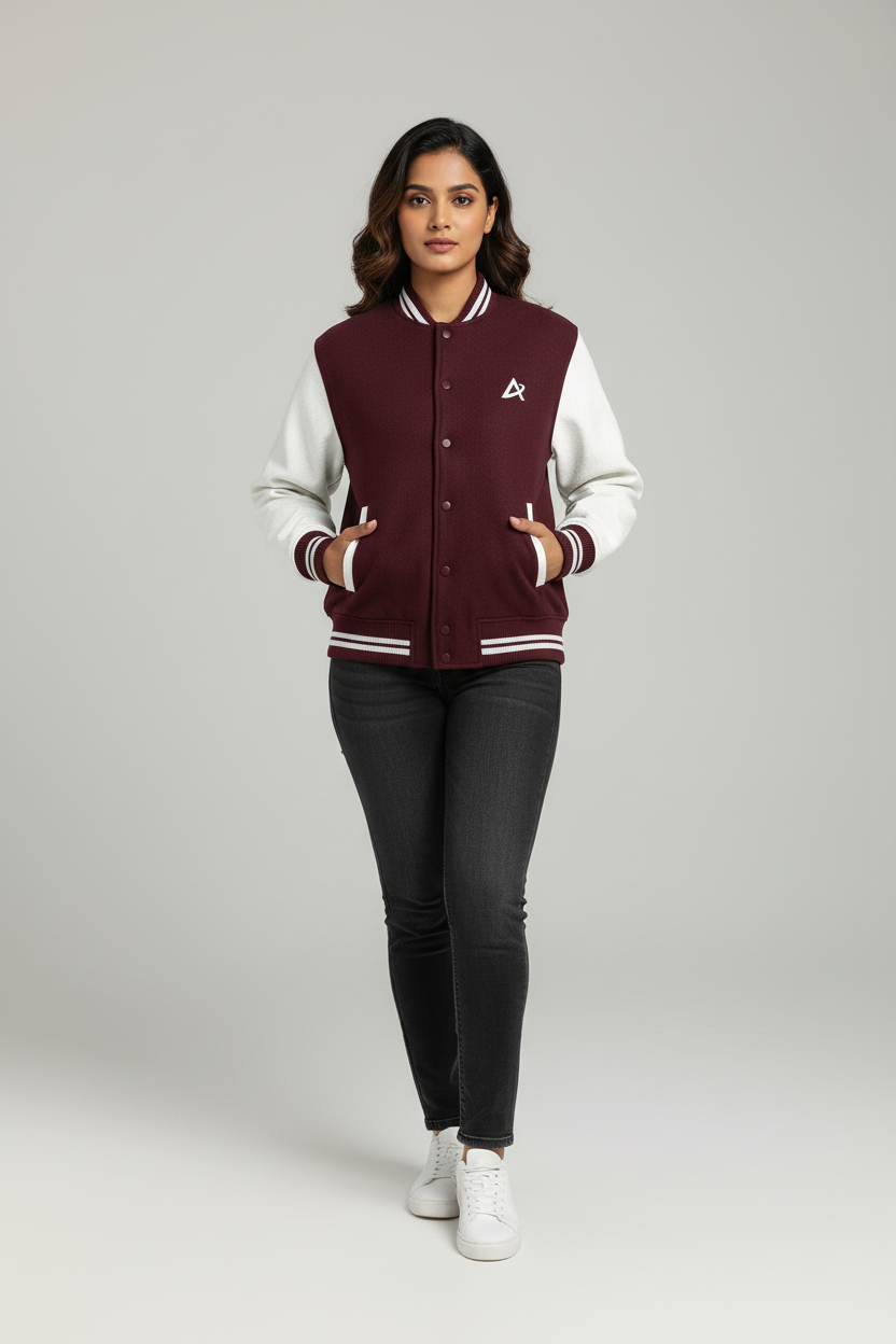 Woman wearing a maroon and white varsity jacket with black jeans and white sneakers on gray background