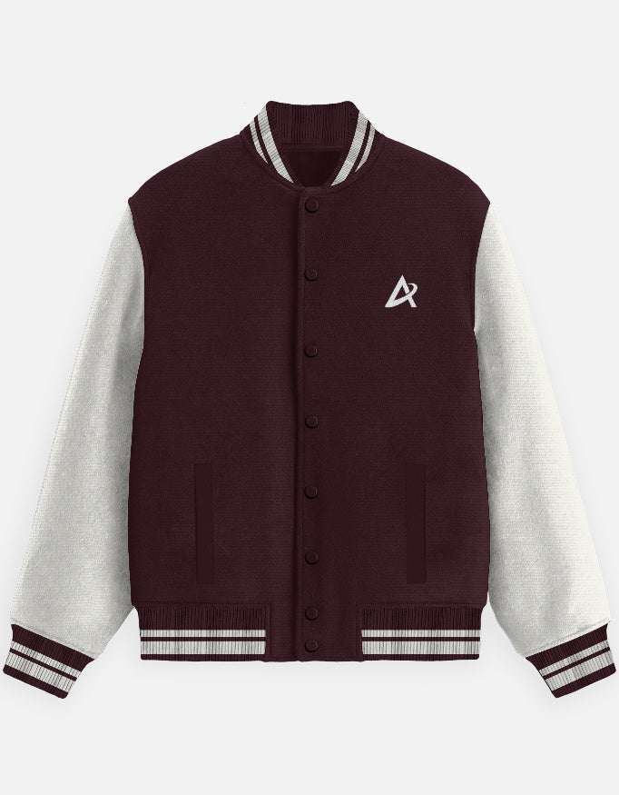 Maroon and white varsity jacket with button closure, striped cuffs, and white logo on chest