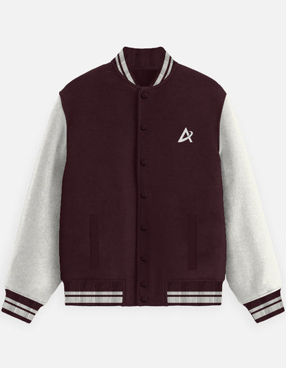 Maroon and white varsity jacket with button closure, striped cuffs, and white logo on chest