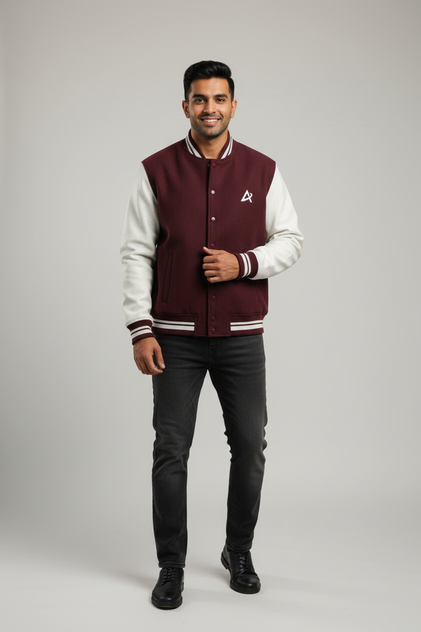Smiling man wearing maroon and white varsity jacket with logo, black jeans, and black shoes