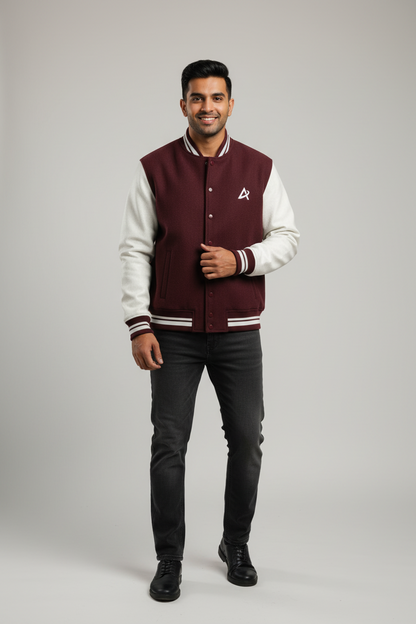 Smiling man wearing maroon and white varsity jacket with logo, black jeans, and black shoes
