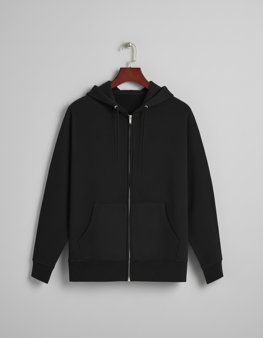 Black zip-up hoodie with front pockets hanging on wooden hanger against gray wall