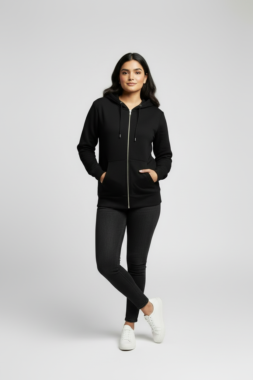 Woman wearing black zip-up hoodie and black pants with white sneakers on gray background