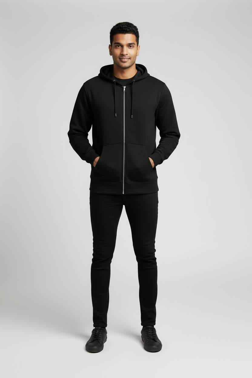 Smiling man wearing black zip-up hoodie, black pants, and black sneakers on gray background